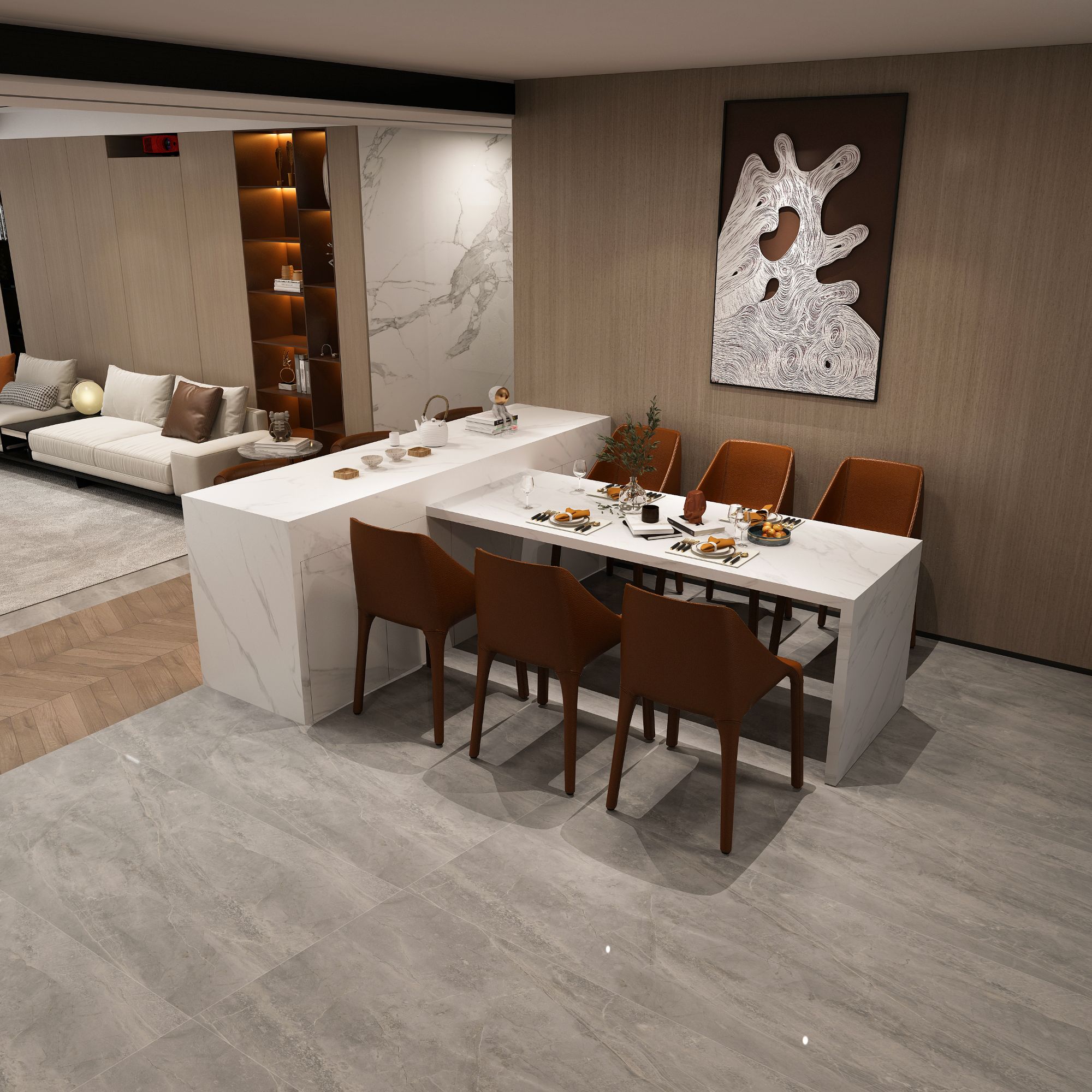 现代轻奢风奶油风T字形L型岛台餐桌一体高端客厅开放厨房导台