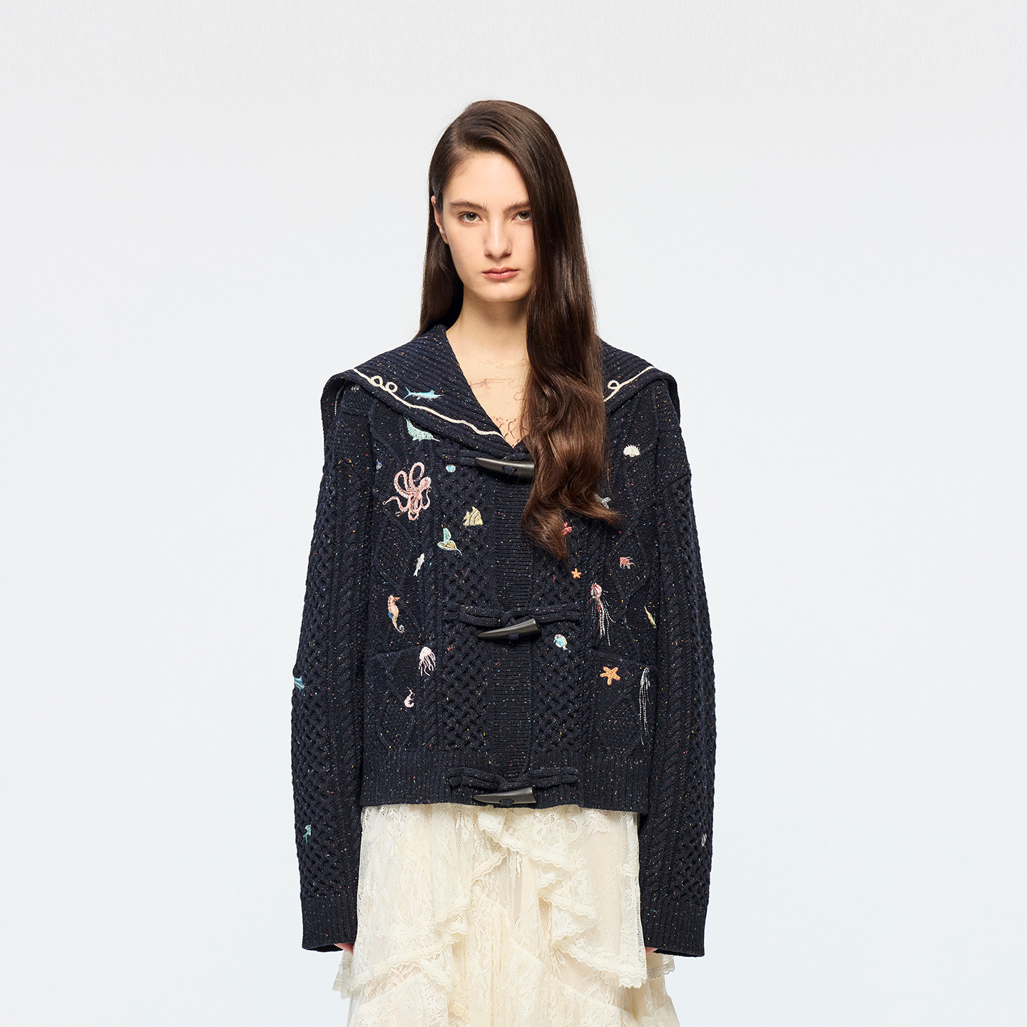 UOOYAA/乌丫2026春款「奇幻海底」刺绣海军领毛开衫UY26112M434218
