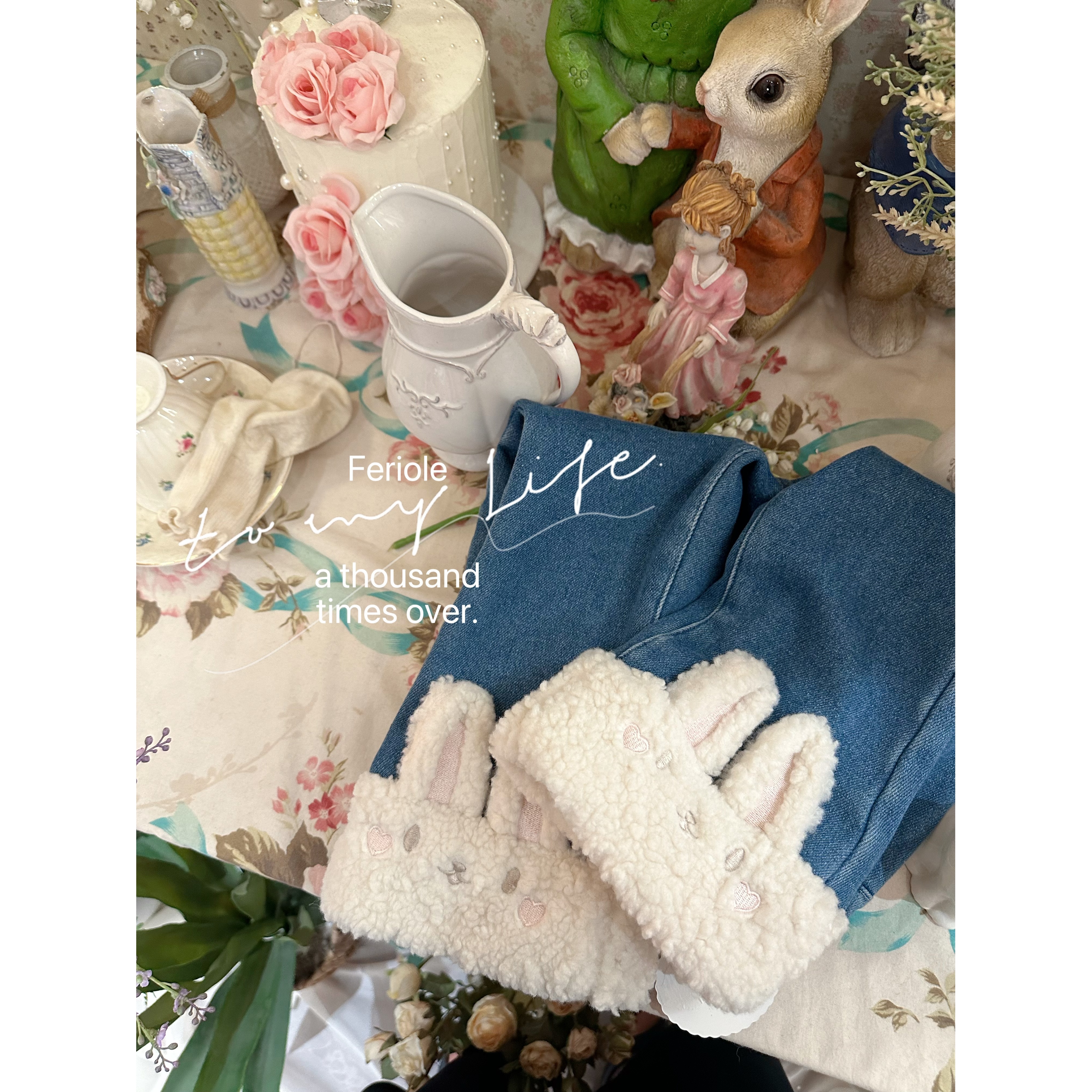 【加绒】FLL-53584-儿童女童加厚裤腿拼接小兔子牛仔裤（冬款）
