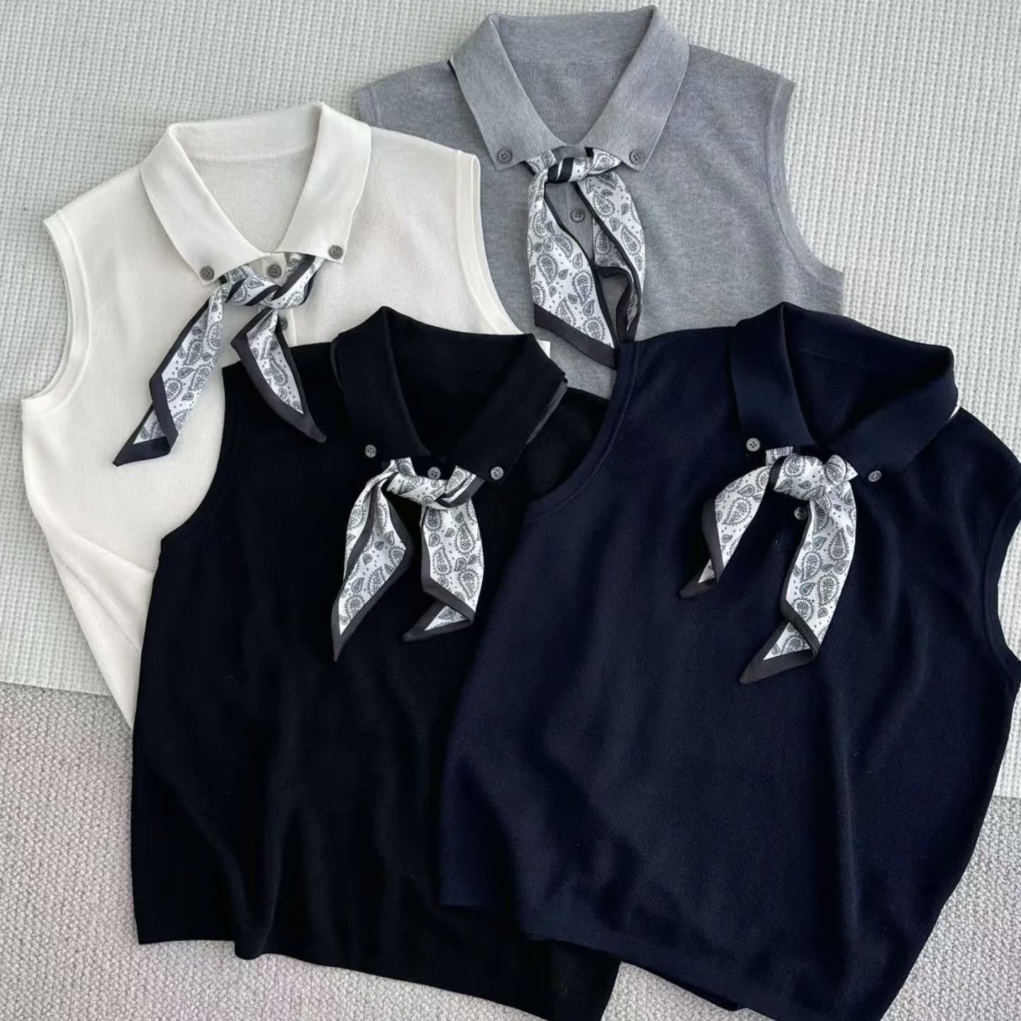 翻领丝巾系带针织衫女2025新款爆款夏季冰丝薄款无袖背心针织上衣