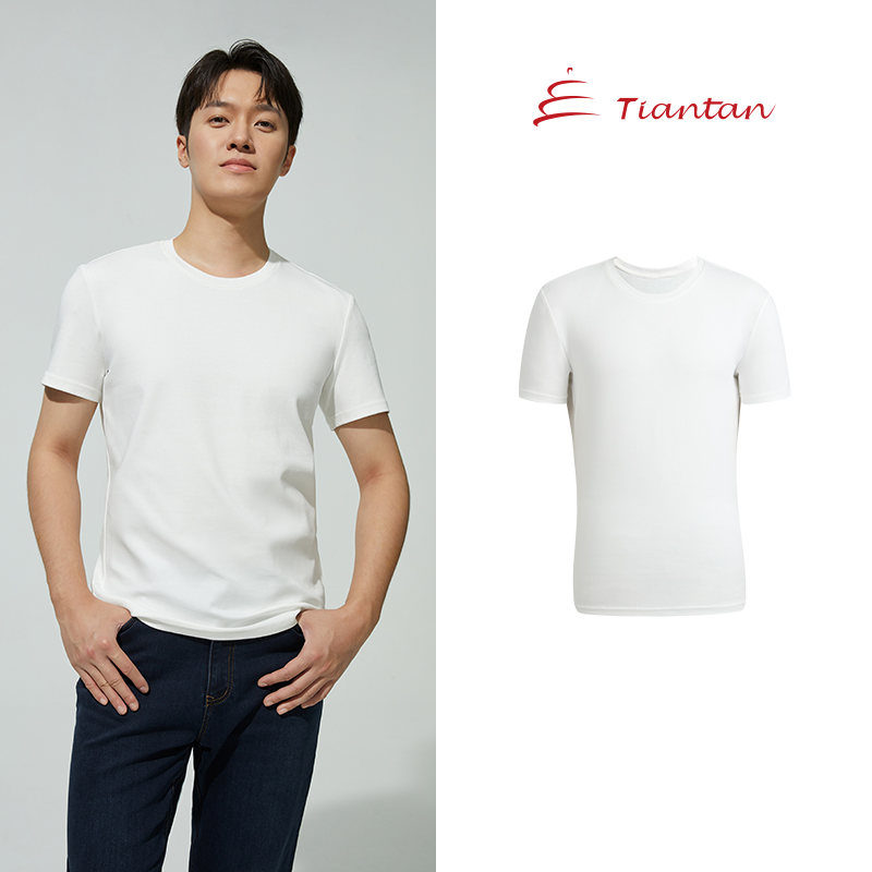 Tiantan夏季T恤男装罗纹装饰圆领短袖商务凉感春夏男士简约