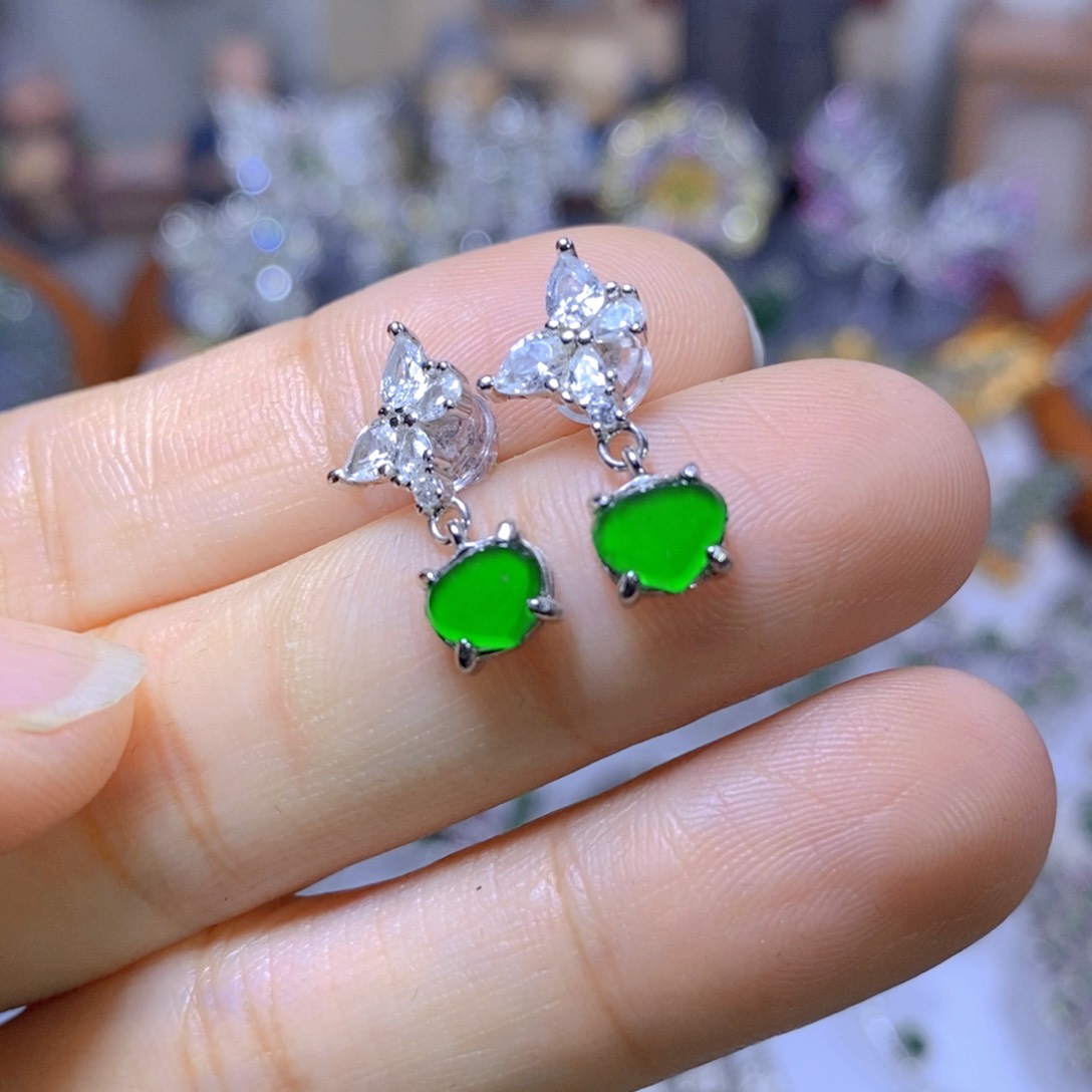 翡翠耳钉银S925镶嵌天然翡翠