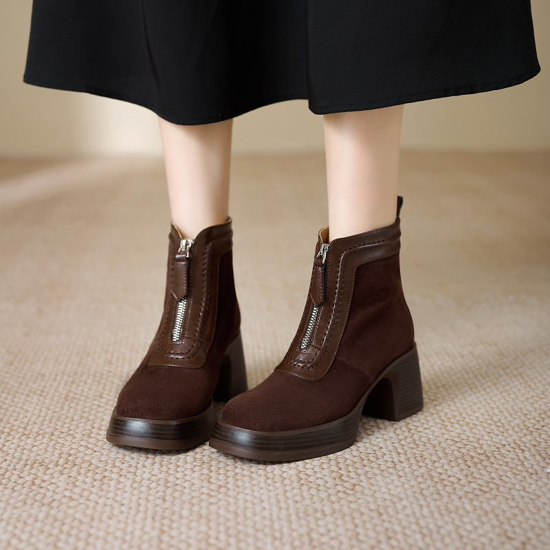 法式复古小短靴方头磨砂秋冬前拉链粗跟厚底马丁靴ZG777-7