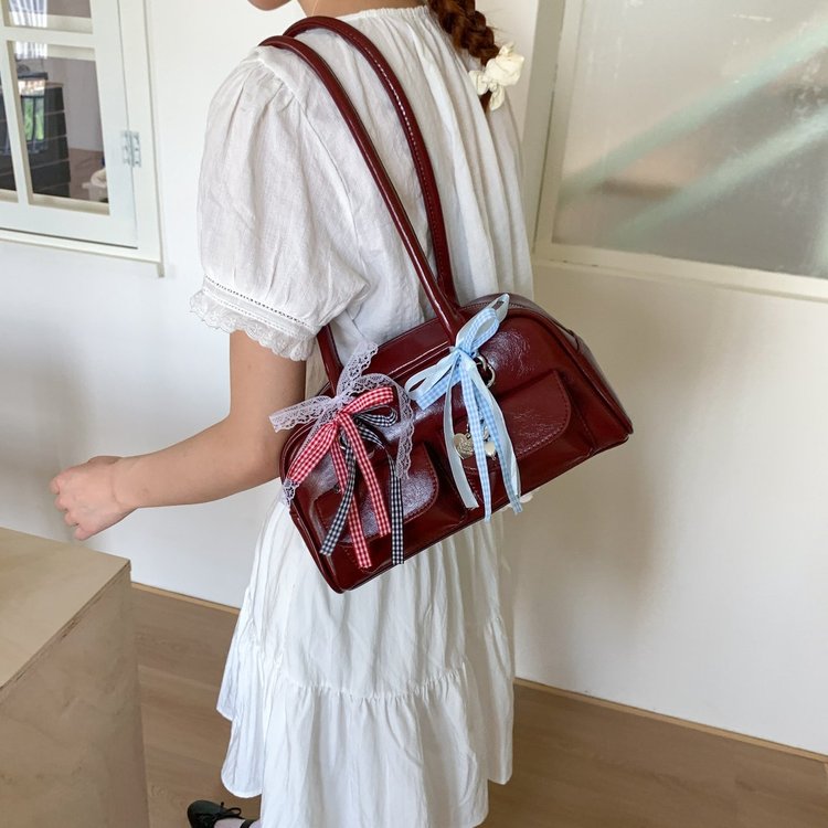 允真腋下同款女包复古手提保龄球包包酒红色包包斜挎腋下包手提包