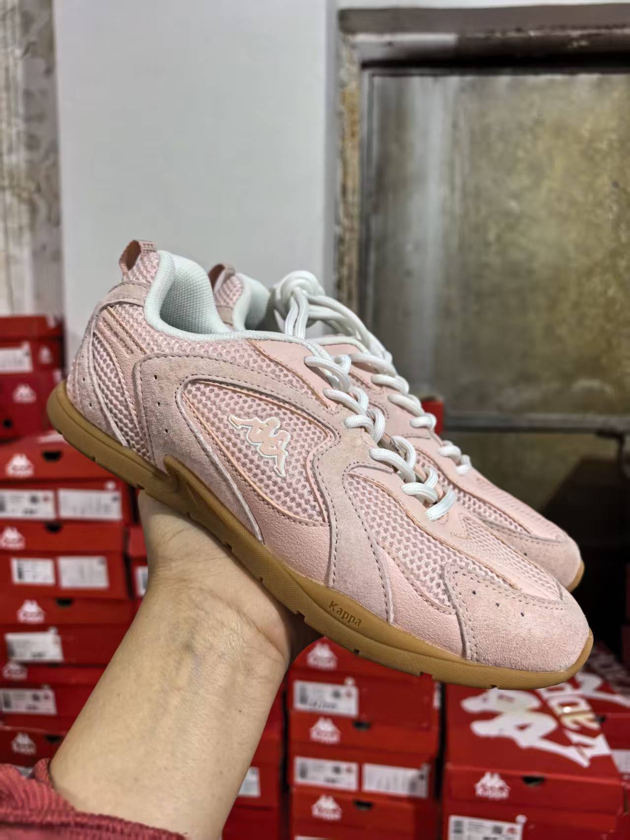 Kappa/卡帕休闲风粉色胶粘低跟女款网面鞋时尚鞋（娥娥专属链接）