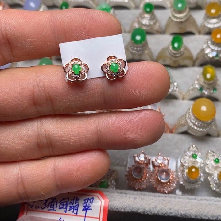 翡翠耳饰银S925镶嵌耳钉