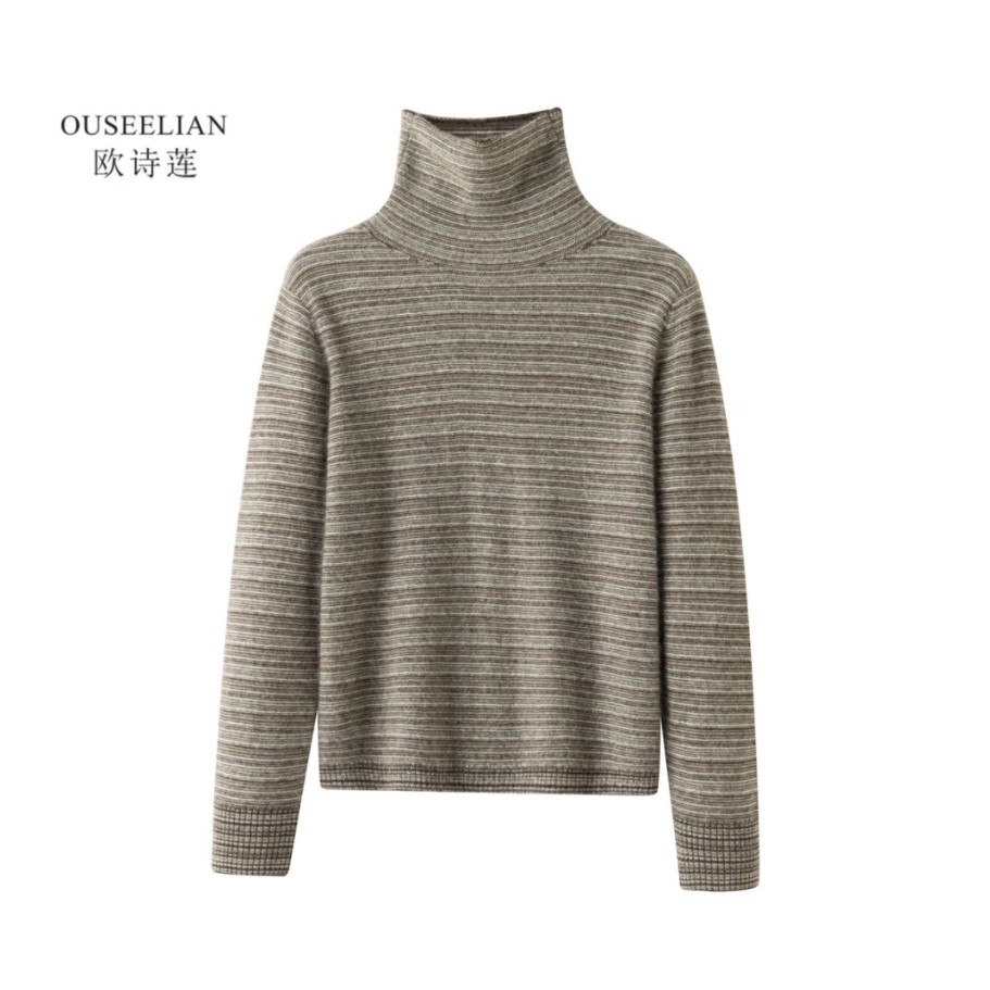 【欧诗莲】≈250克男女同款细横条100%牦牛绒堆堆领高领针织上衣C1