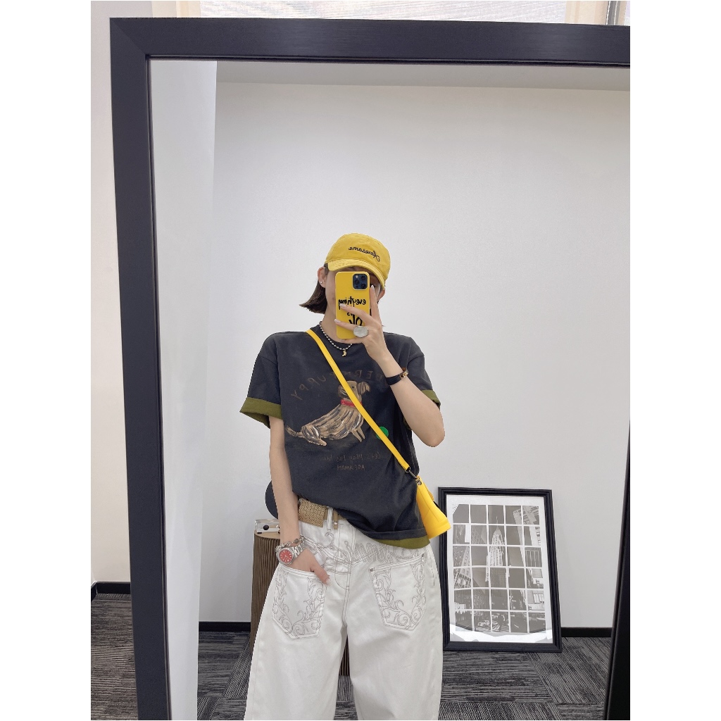 NO退NO换｜【手绘小狗T】新款撞色ab面手绘狗狗宽松短袖T恤YR1DX0168