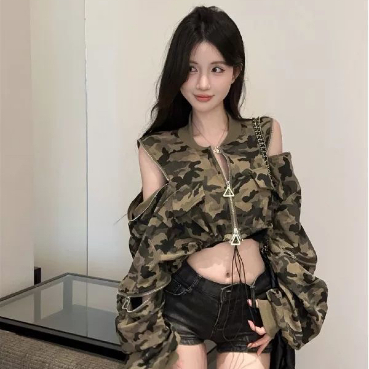大码胖MM春秋美式印花POLO领设计感迷彩秋季短外套拉链长袖扎染女