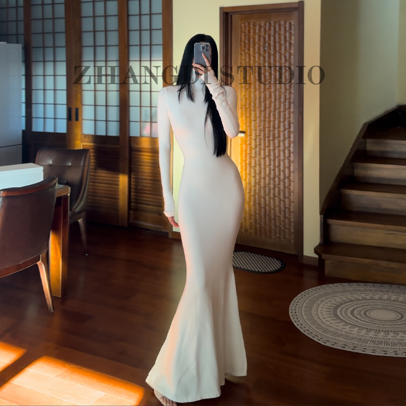 高领长袖厚款鱼尾裙黑色白色气质时尚长裙长款连衣裙性感包臀女