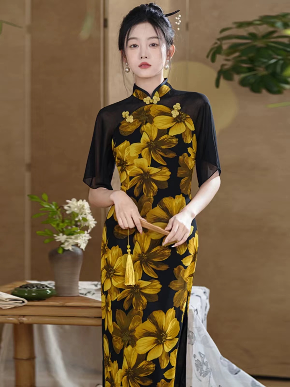 208-【落雁】绝美  落肩袖  仙仙服 黄花 改良 旗袍