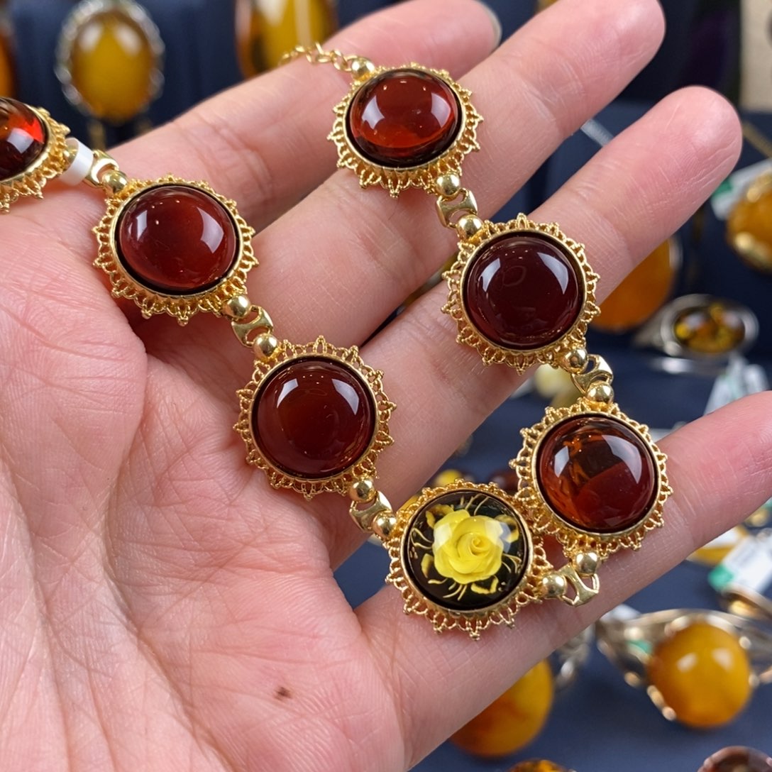 琥珀手链银S925镀金镶嵌