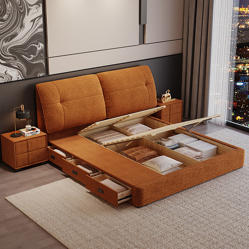 意式现代简约床主卧双人2米大床1.8米家用大床储物婚床麂绒布床