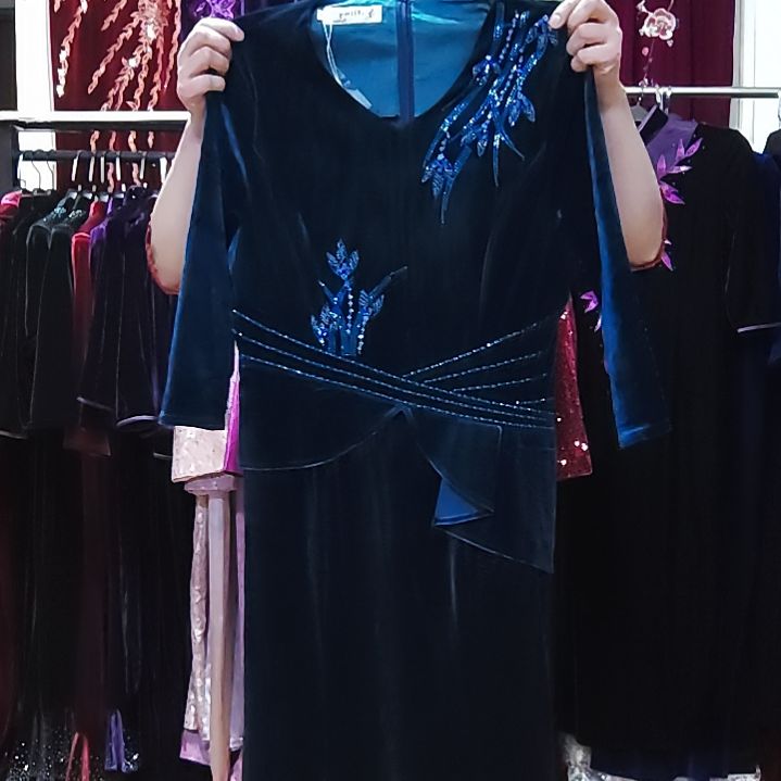 湖水蓝金丝绒v领重工假两件长款鱼尾裙l码胸98腰80厘米120内