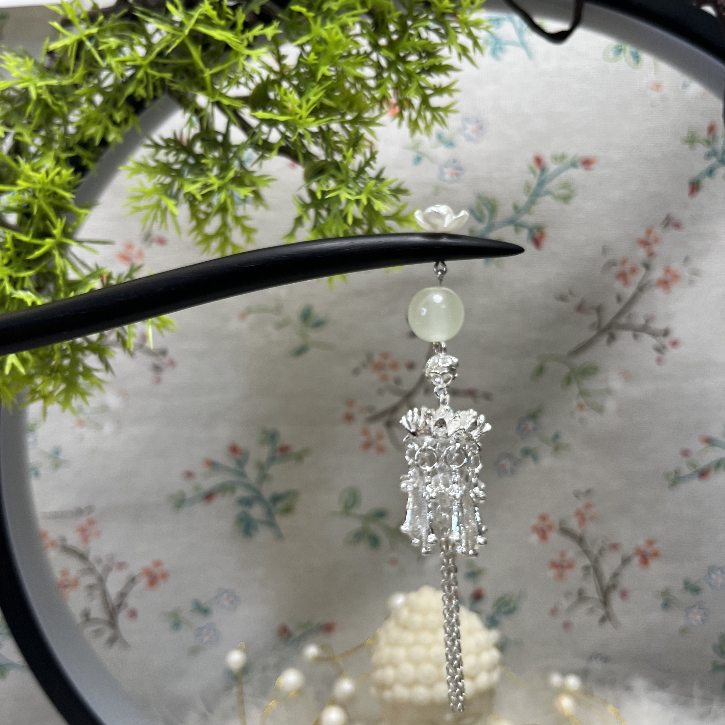 荷花银饰夜光珠发簪夏款爆款18公分高端定制古风黑檀木步摇流苏