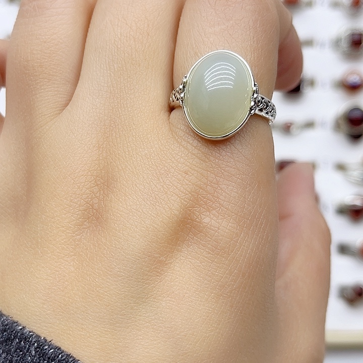 和田玉戒指银S925镶嵌天然