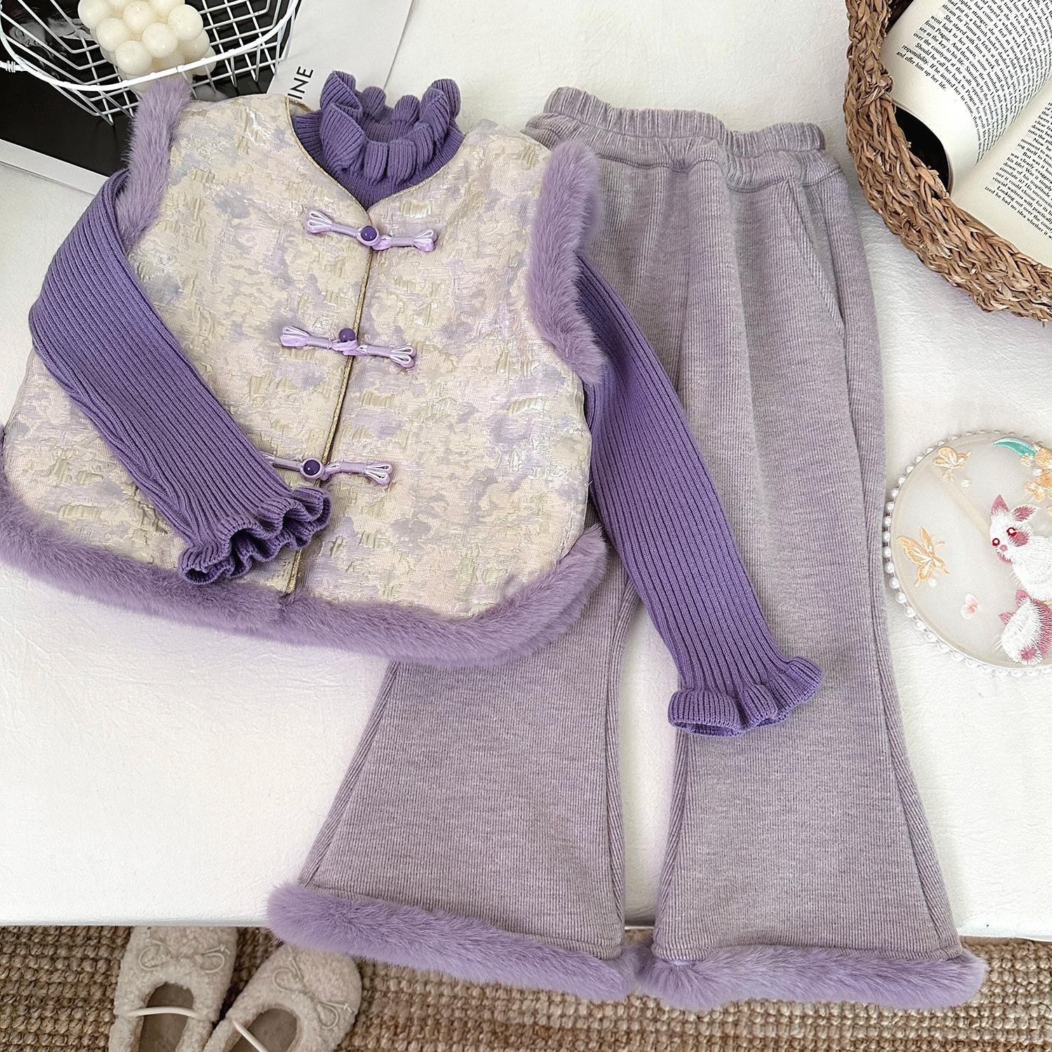 女童2025冬季新款国风旗袍背心裤子中式加绒加厚洋气套装D68782