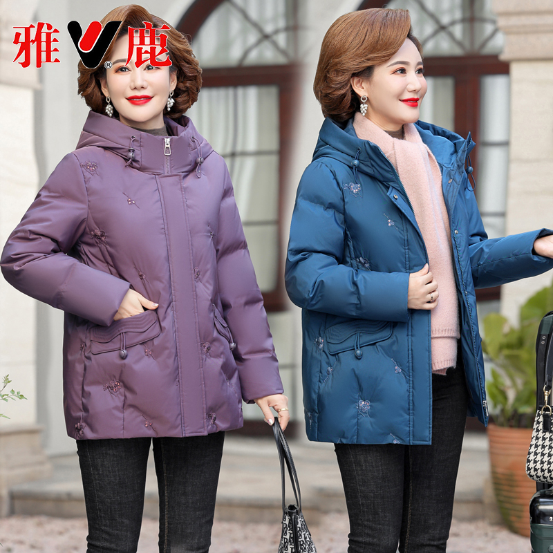 V/雅鹿羽绒服长袖大码洋气女中年宽松厚款中老年女士拉链棉衣