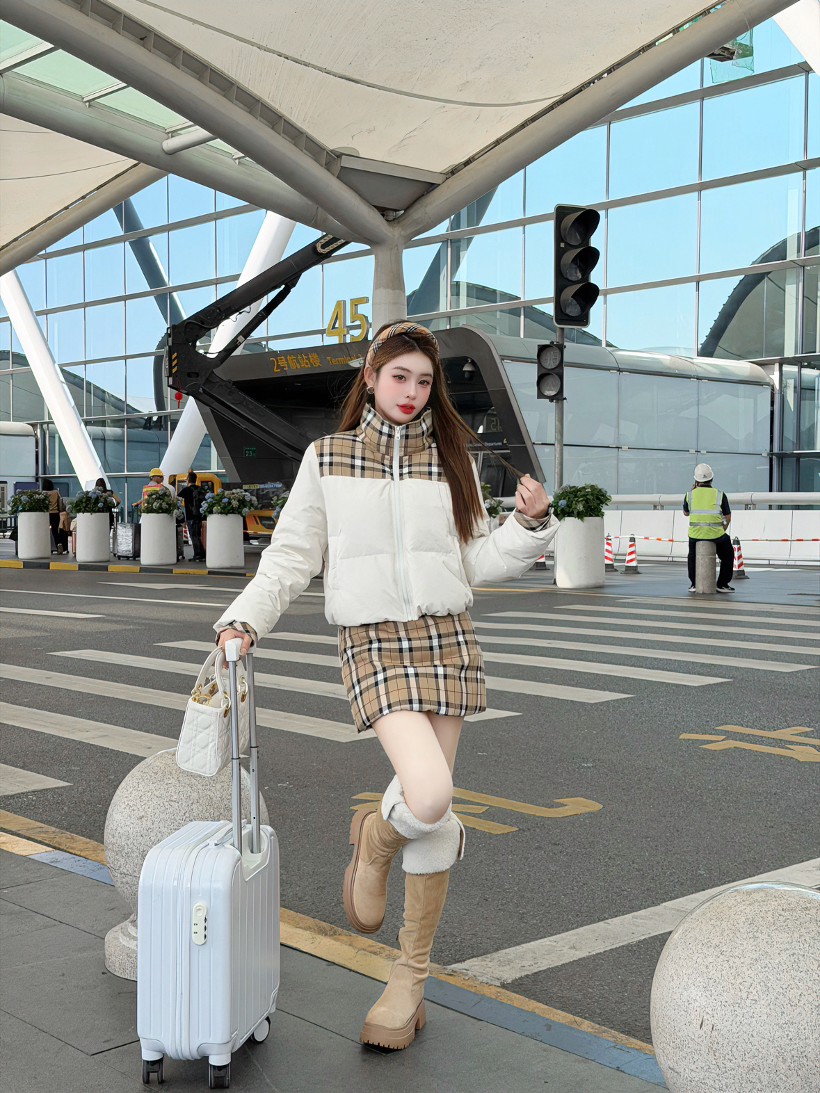 【十一家】原创格纹拼接保暖羽绒服外套女+半身裙两件套冬LJD12171