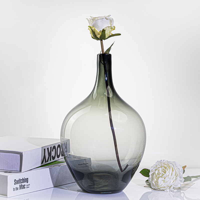 Q219 烟灰色大号吊钟玻璃花瓶网红高级感透明玻璃大号花瓶