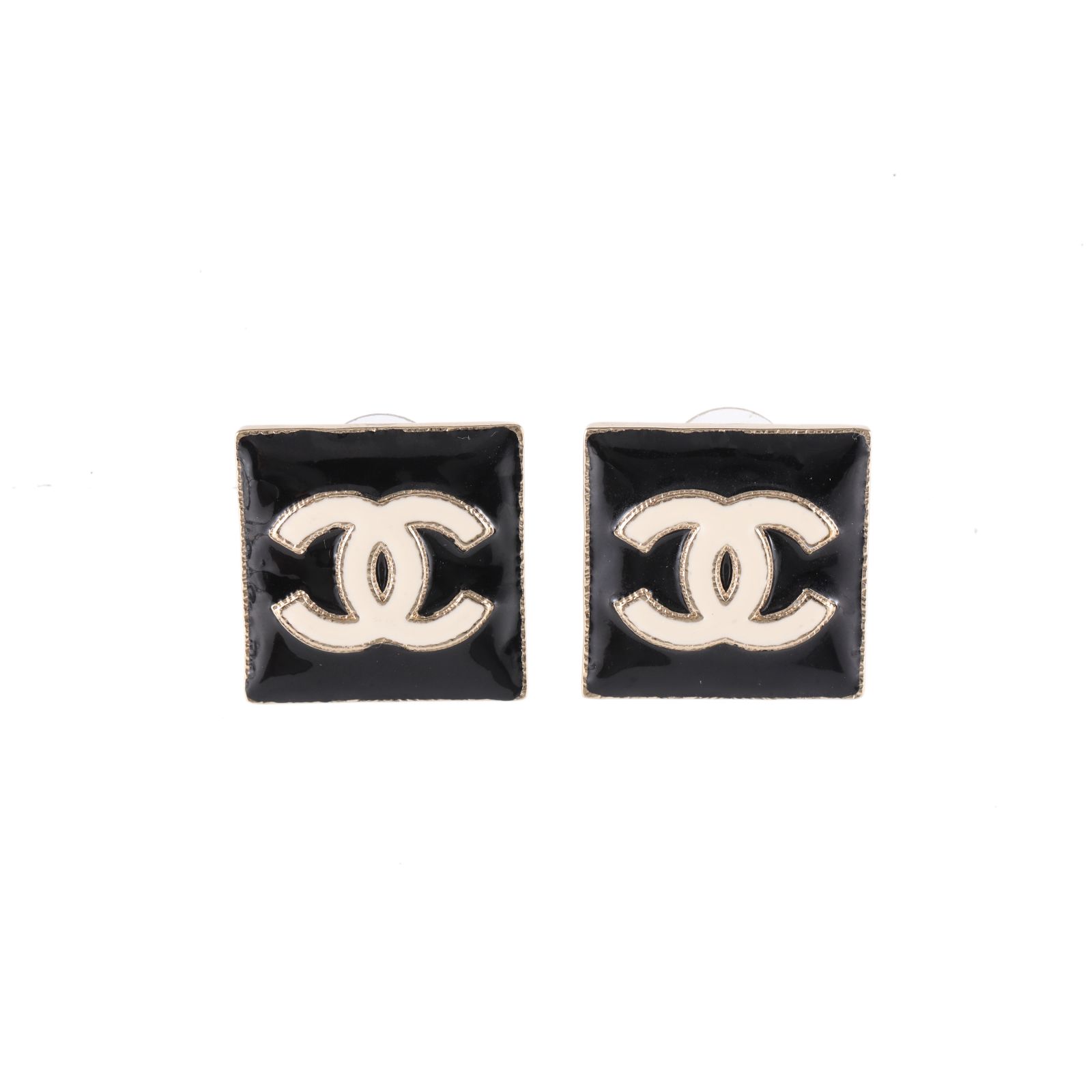 95新 Chanel/香奈儿 【双双活动】 合金 22A 双C 黑白 珐琅方块耳环