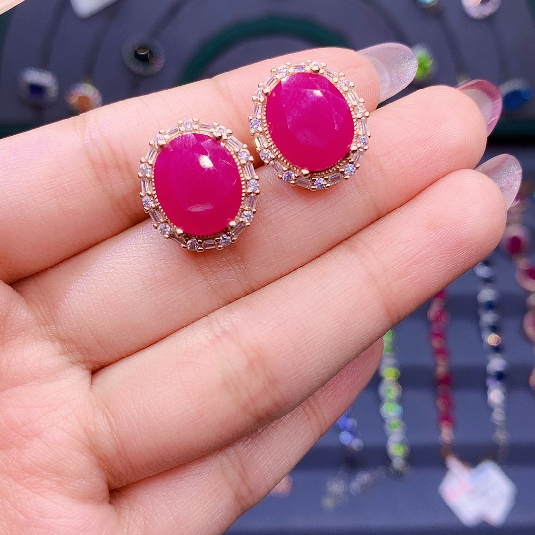 红宝石耳饰银S925镶嵌