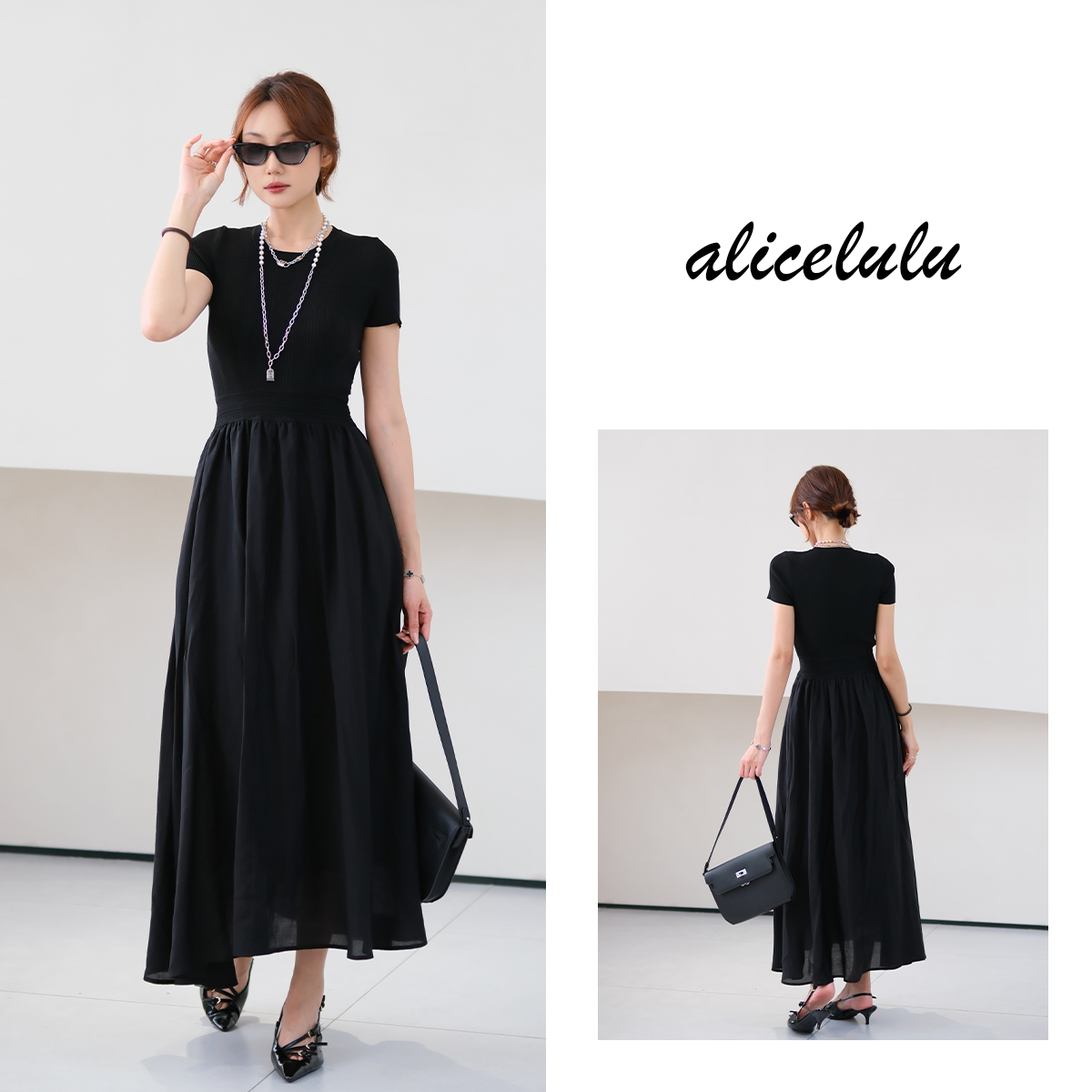 5alicelulu 时尚拼接圆领修身显瘦休闲连衣裙感S2142467T