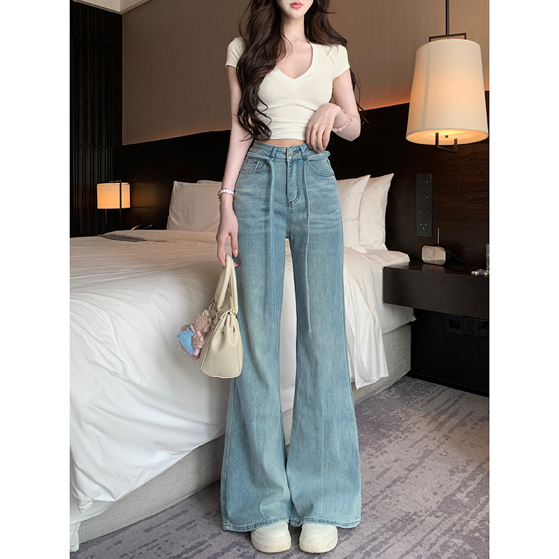 抽绳高腰不贴腿微喇裤女2025秋季新款柔软舒适显瘦牛仔裤女款
