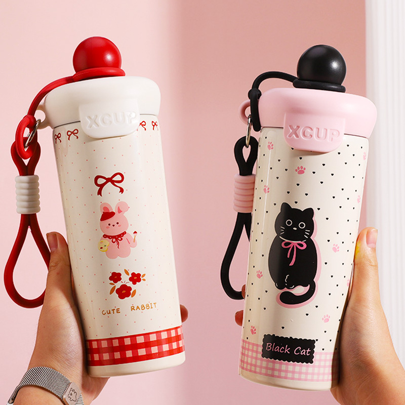 316不锈钢保温杯新款可爱风卡通动物女生学生儿童便携提绳吸管杯