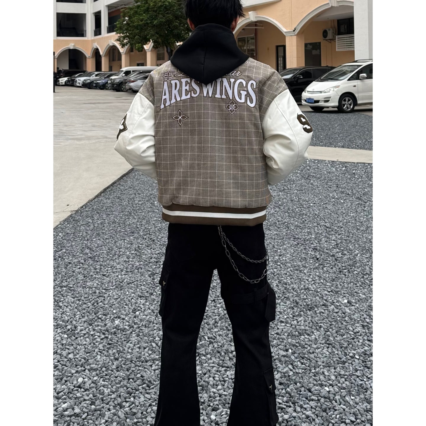 美式刺绣千鸟格PU皮拼接棒球服外套男夹棉加厚保暖厚款夹克女冬季