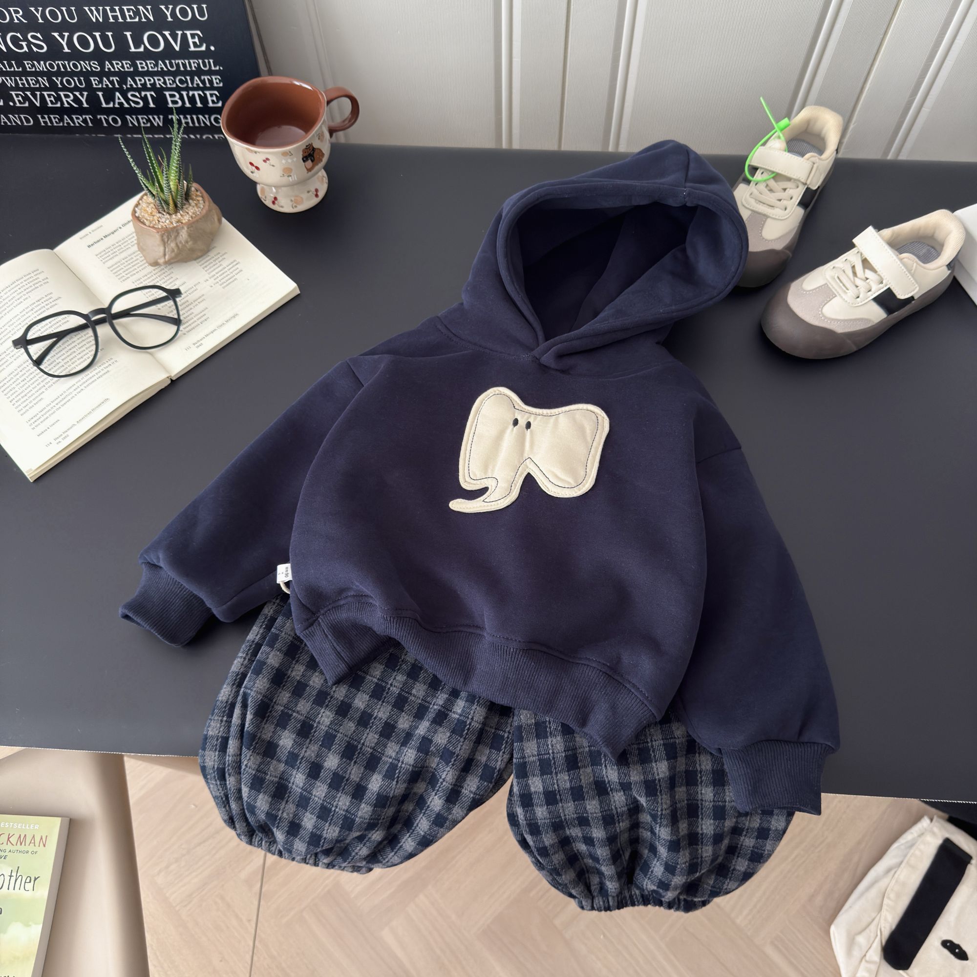 【爆款破价】2025新款立体大象洋气休闲韩版男女童连帽格子裤套装