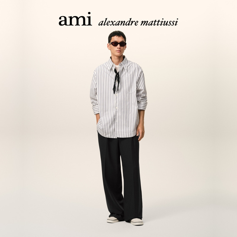 【早春新品】Ami Paris 男士黑色羊毛华达呢低腰西裤