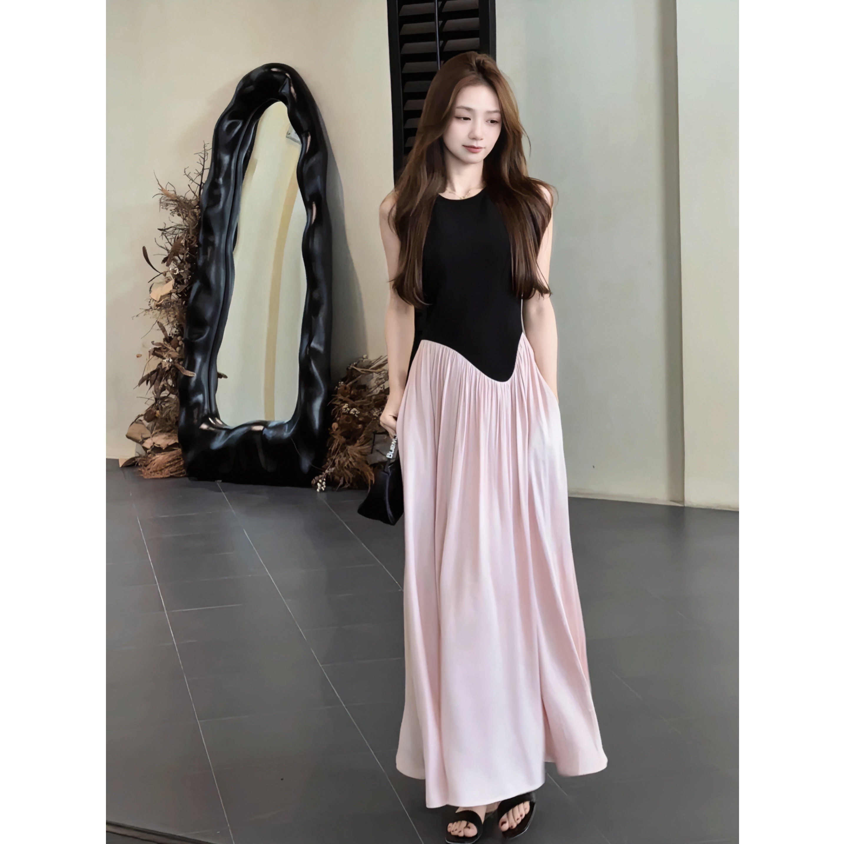 Madofit麻豆/1841 午茶小调气质感褶皱 Black pink无袖背心连衣裙