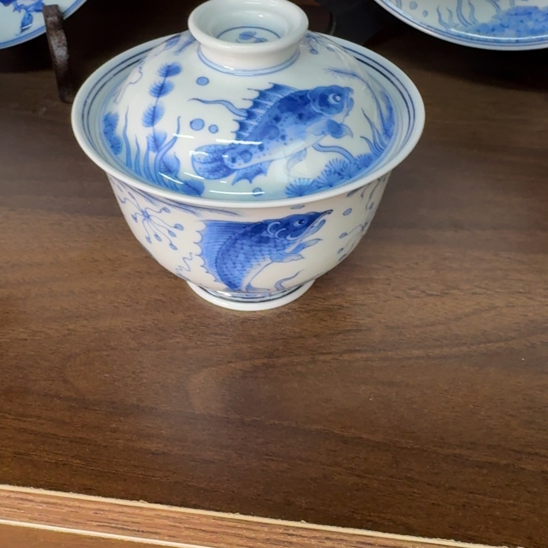 摆件陶微瑕鱼藻盖碗