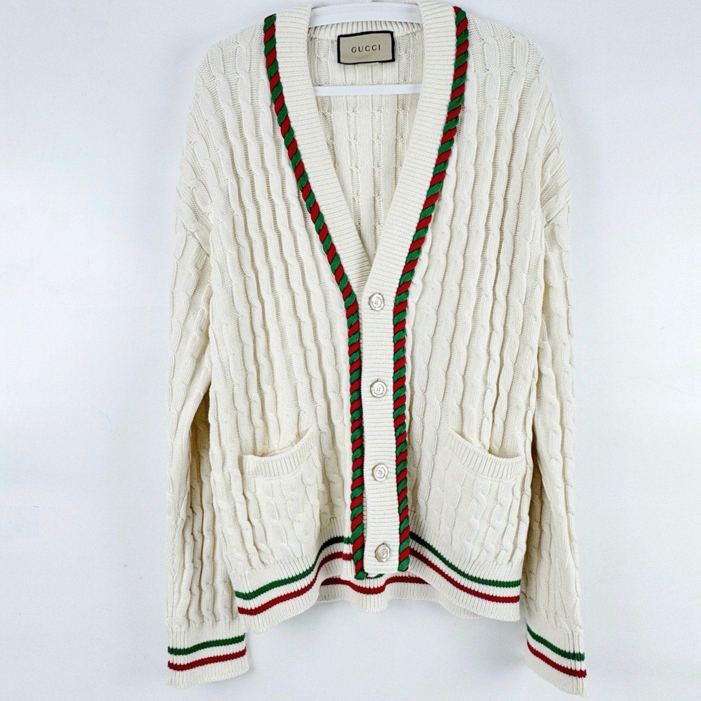 99新 GUCCI/古驰 L码 杏色红绿织带条纹麻花针织开衫 99新 sz0129