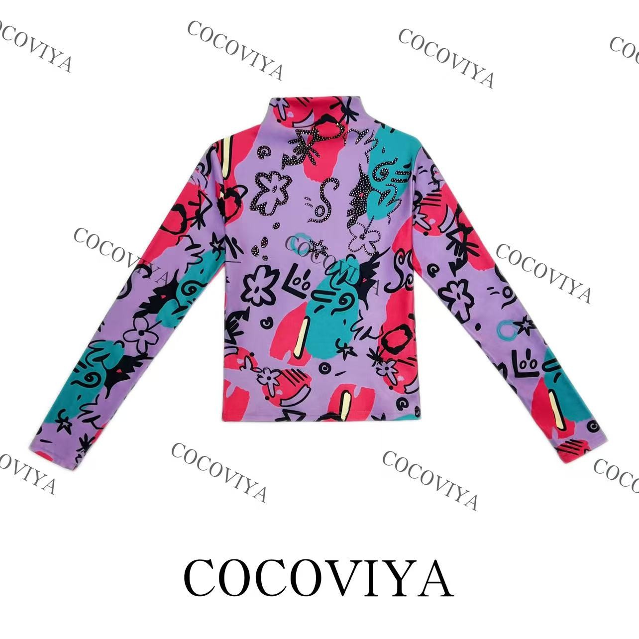 【CC】COCOVIYA炫彩涂鸦潮范德绒长袖T恤时尚内搭上衣26C-993