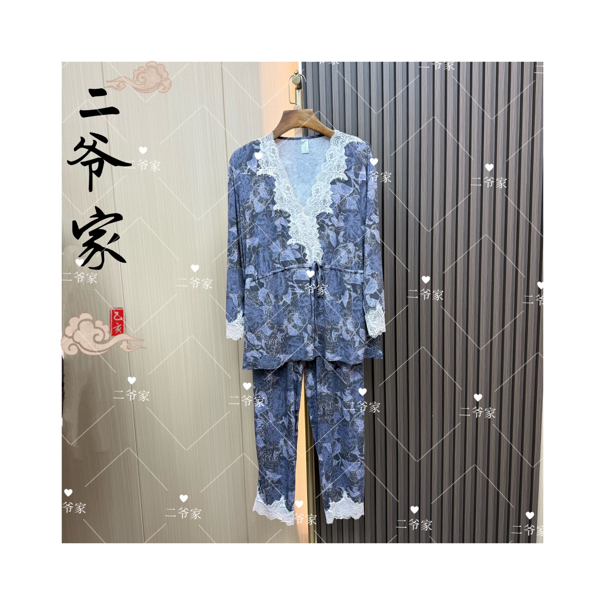S88021247莫代尔抽绳八分袖蕾丝V领睡衣套装