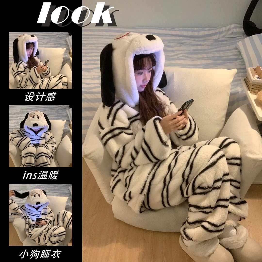 可爱少女卡通小狗连帽珊瑚绒睡衣套装女冬季新款加厚大码家居服冬