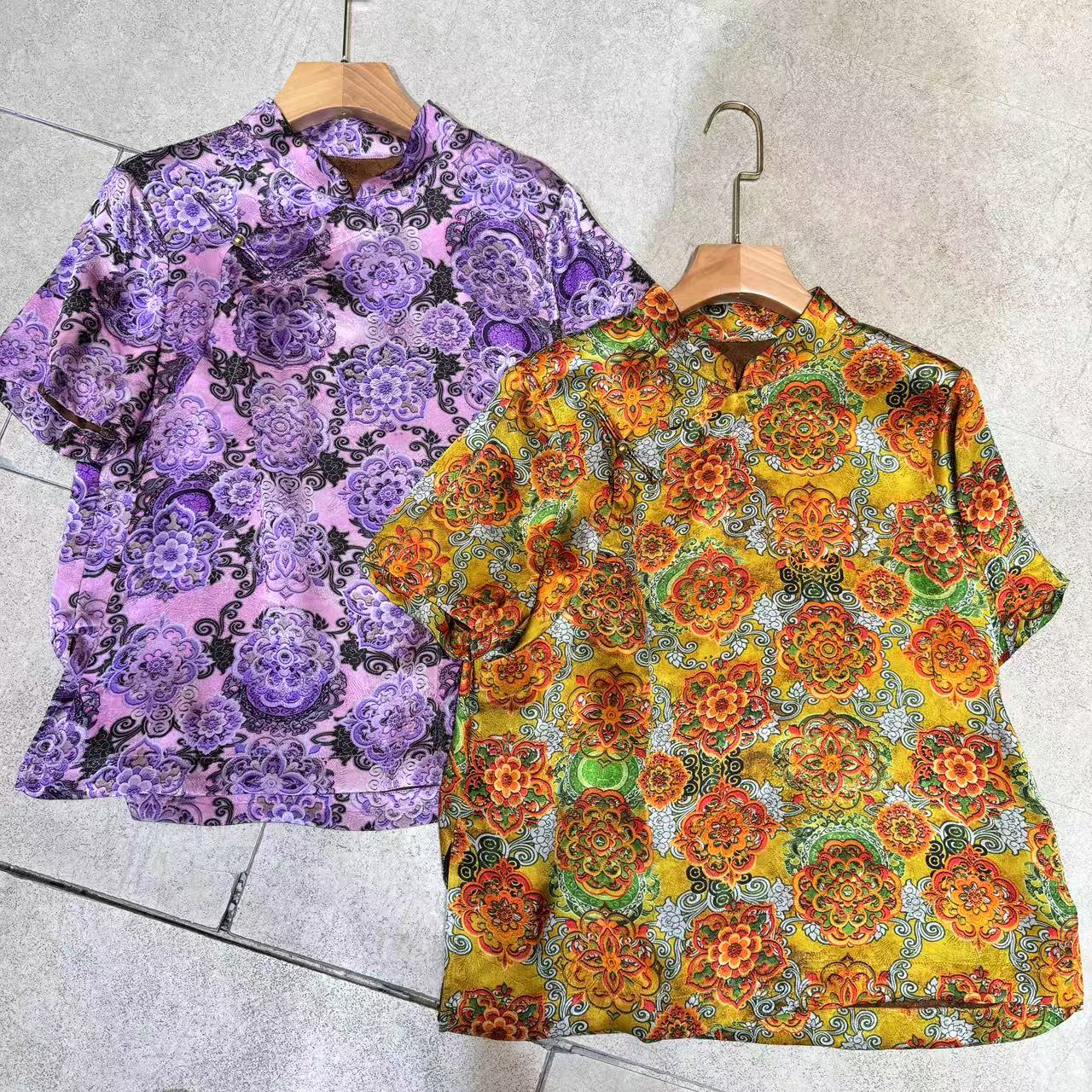 红姐严选【花满溪】斜襟开叉短袖国风人丝印花衬衫31786