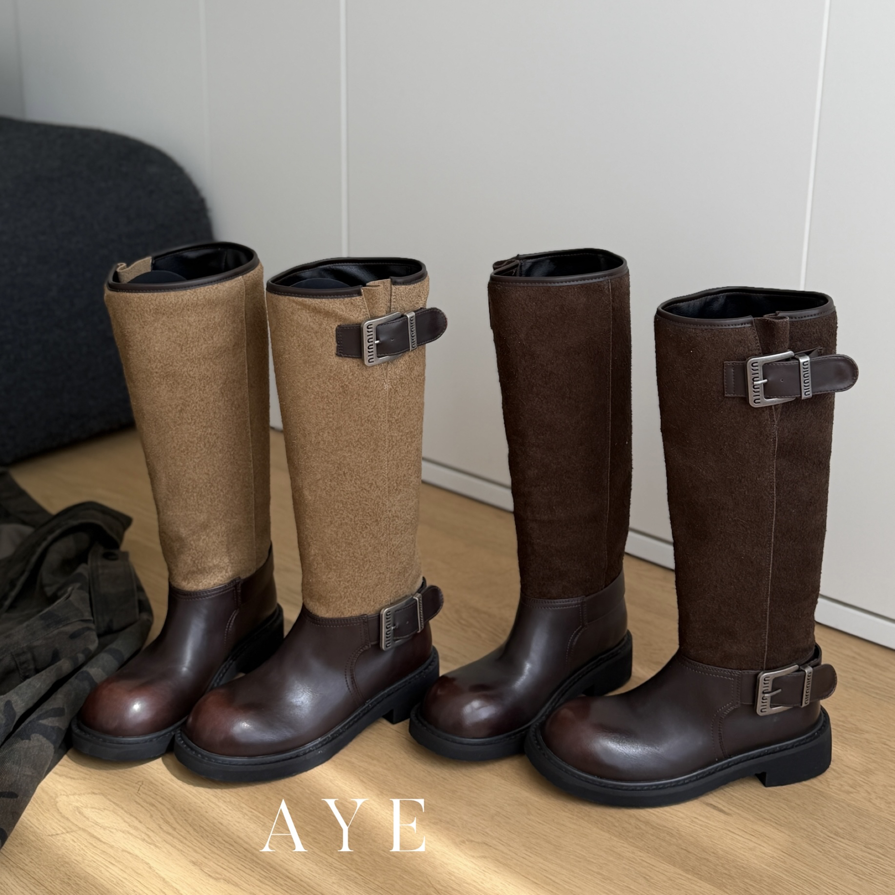【AYE】25SS｜游牧流浪风做旧真皮拼接绒面直筒骑士靴｜跟高3.5公分