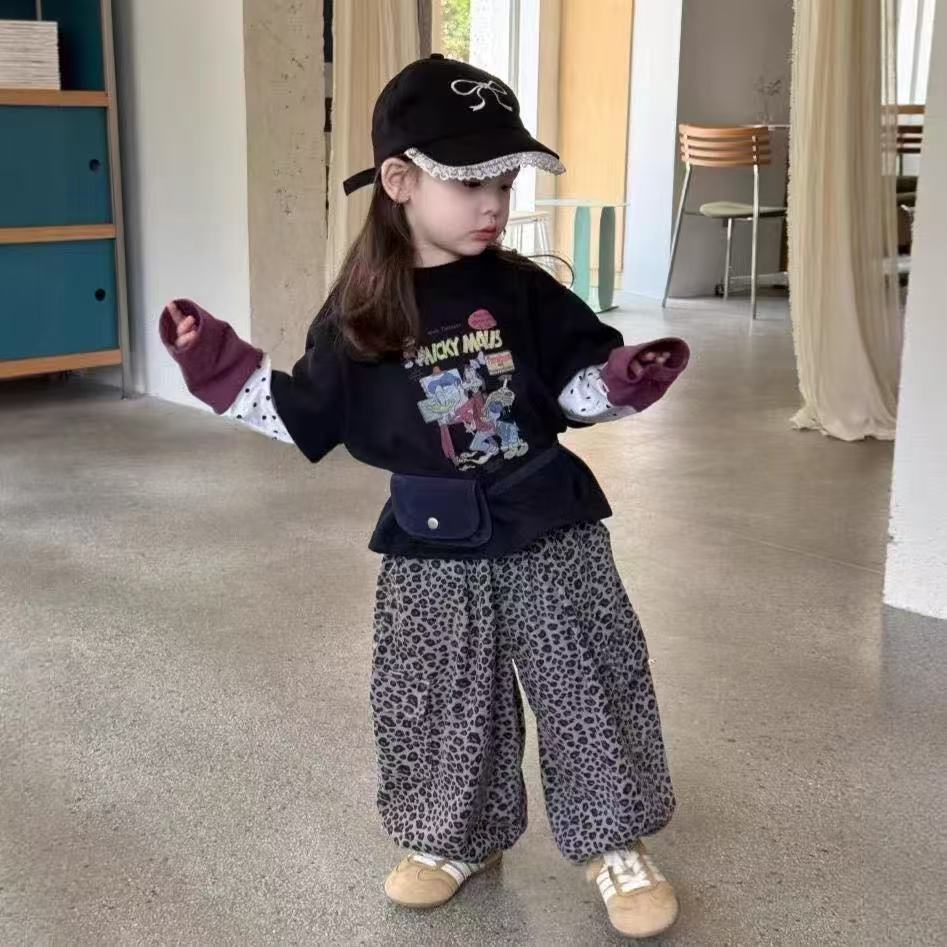 女童常规休闲秋季套装豹纹韩版卡通风牛仔裤套装印花时尚洋气长袖