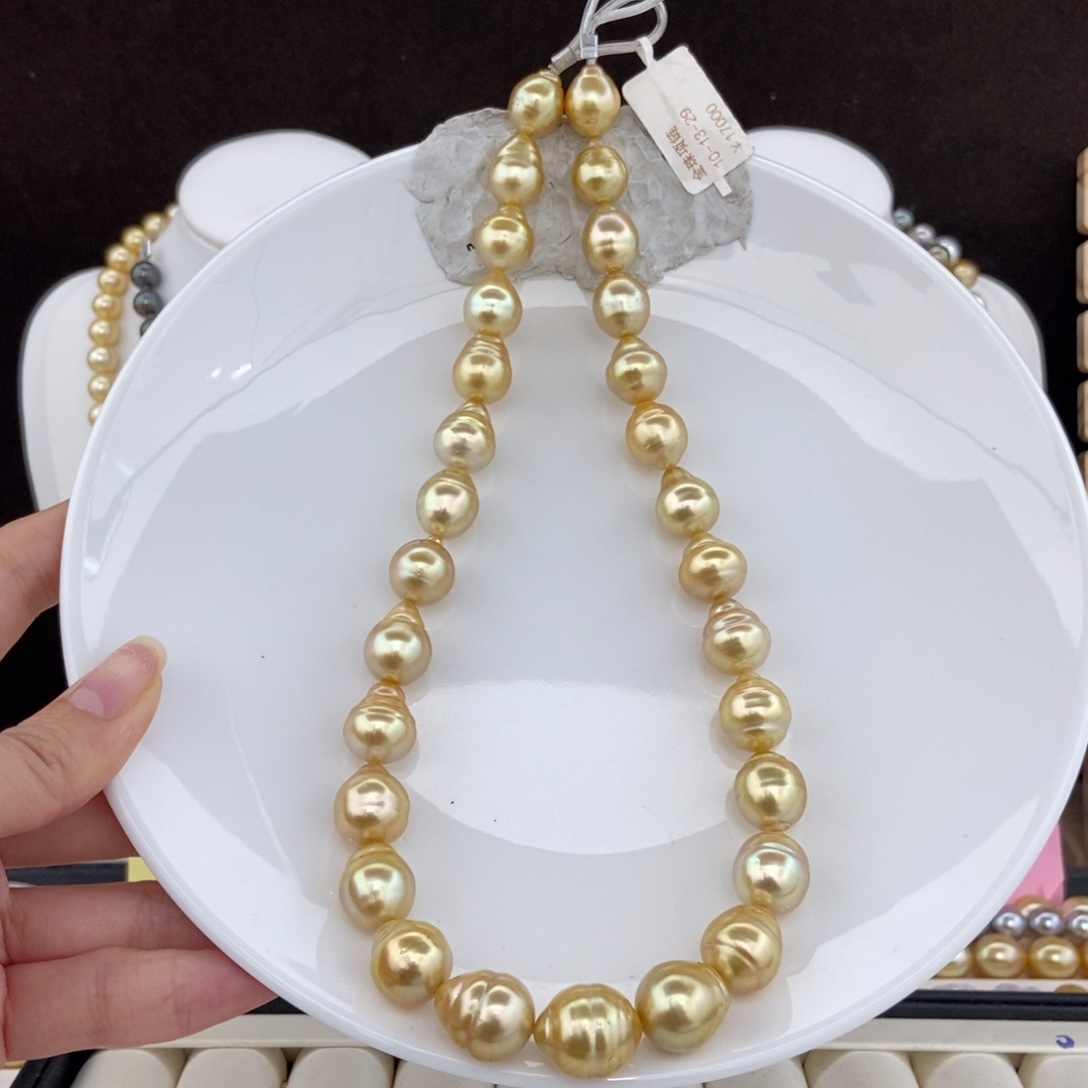 海水珍珠银S925镶嵌项链10-13/29颗 香槟金