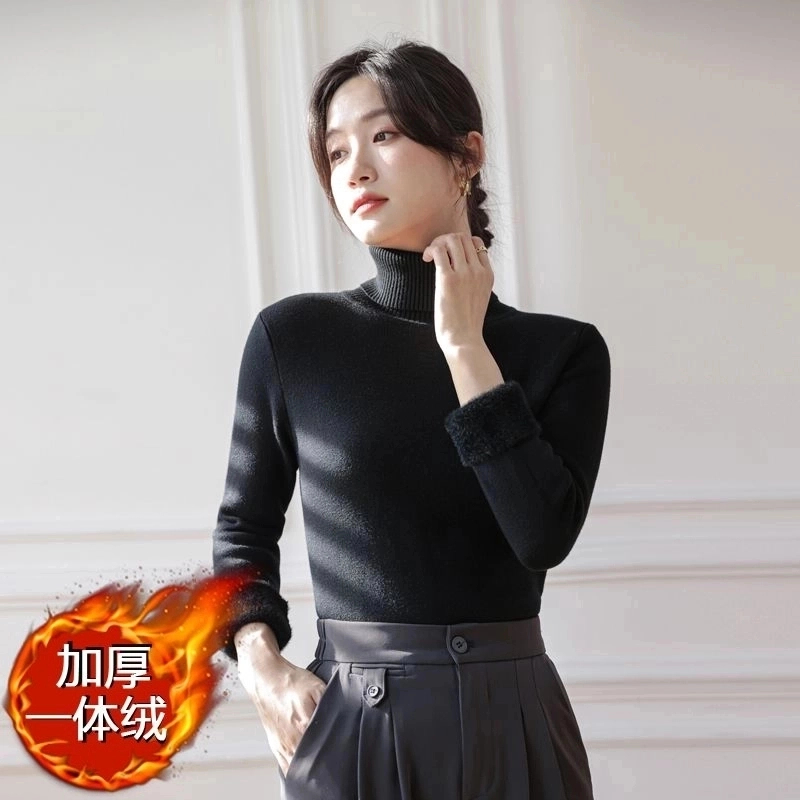 高领毛衣女加绒加厚打底针织衫一体绒显瘦内搭2024年秋冬新款套头