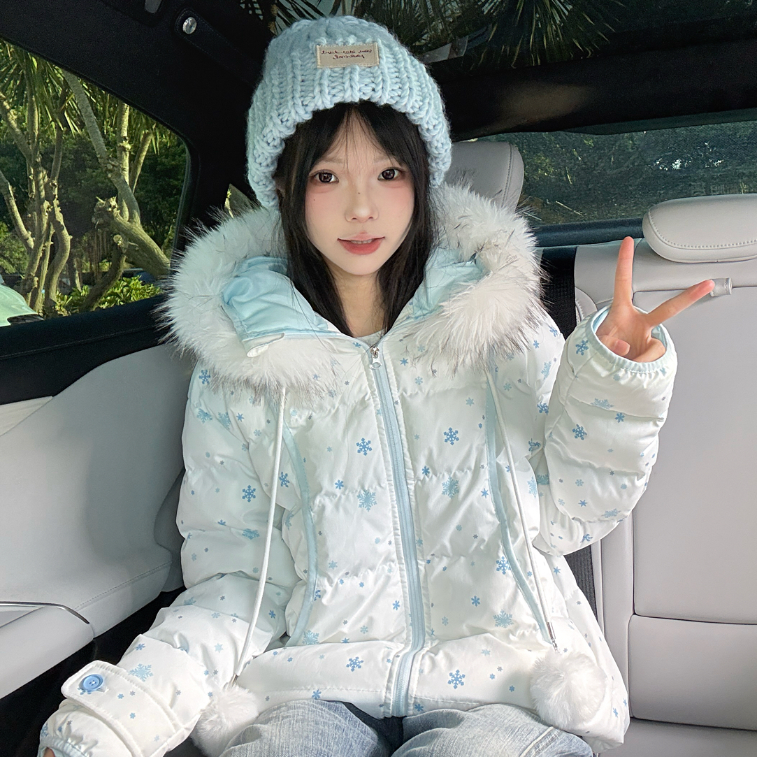 做梦特长生 自制款冬季雪花图案排骨棉服韩系撞色设计感外套上衣