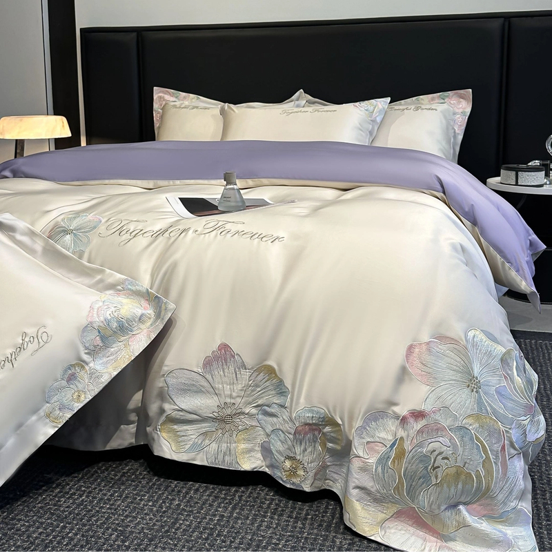 富安娜高级A类200支全棉四件套纯棉简约花卉刺绣被套床单床上用品