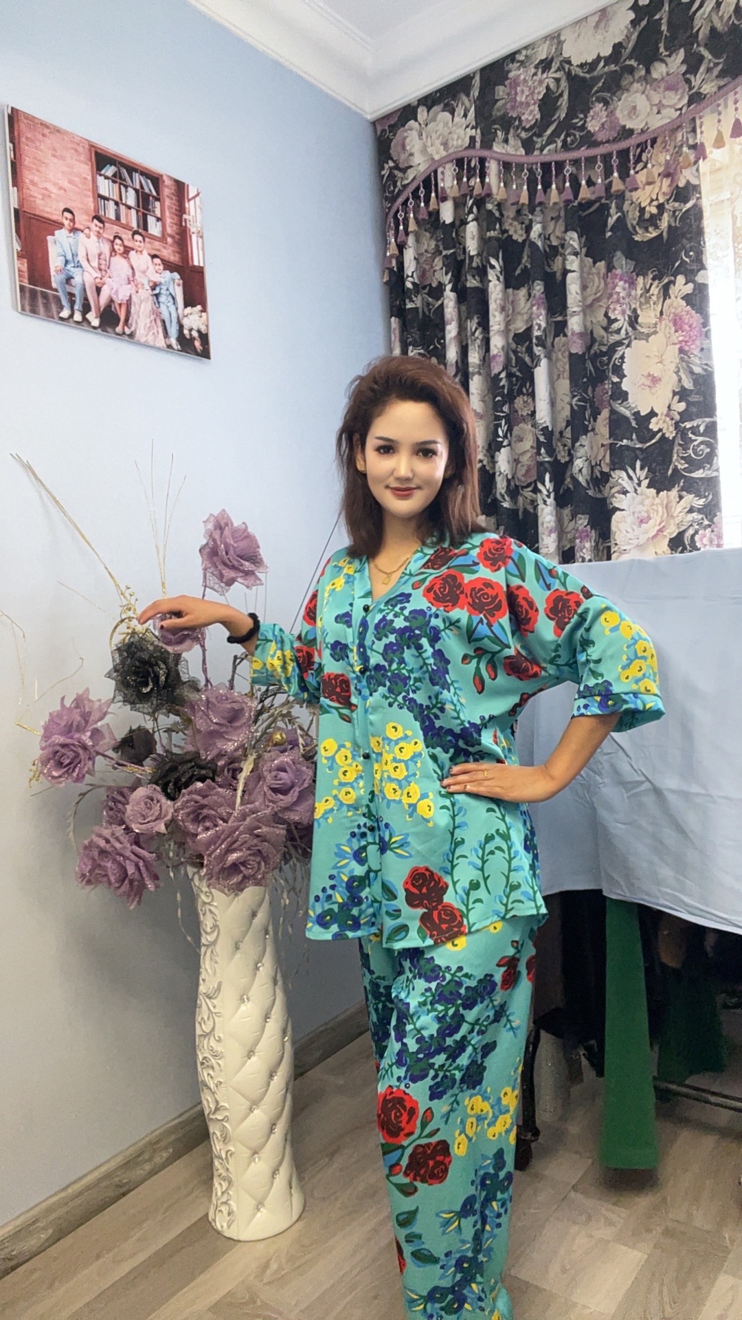 【大花蓝色】纯棉秋冬性可外穿家居服ئۇخلاش كىيىمى时尚碎花