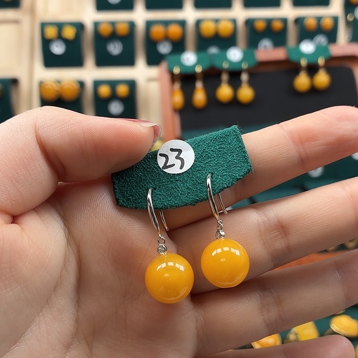 琥珀银S925镶嵌耳饰