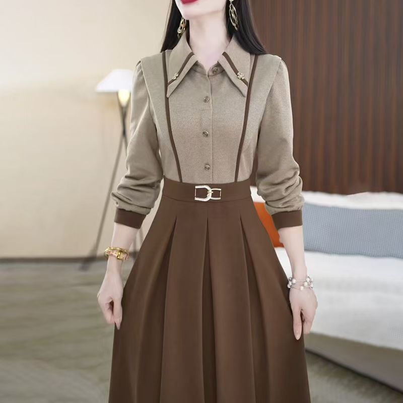 时尚假两件2025秋冬新款polo领收腰显瘦大码中长款裙621