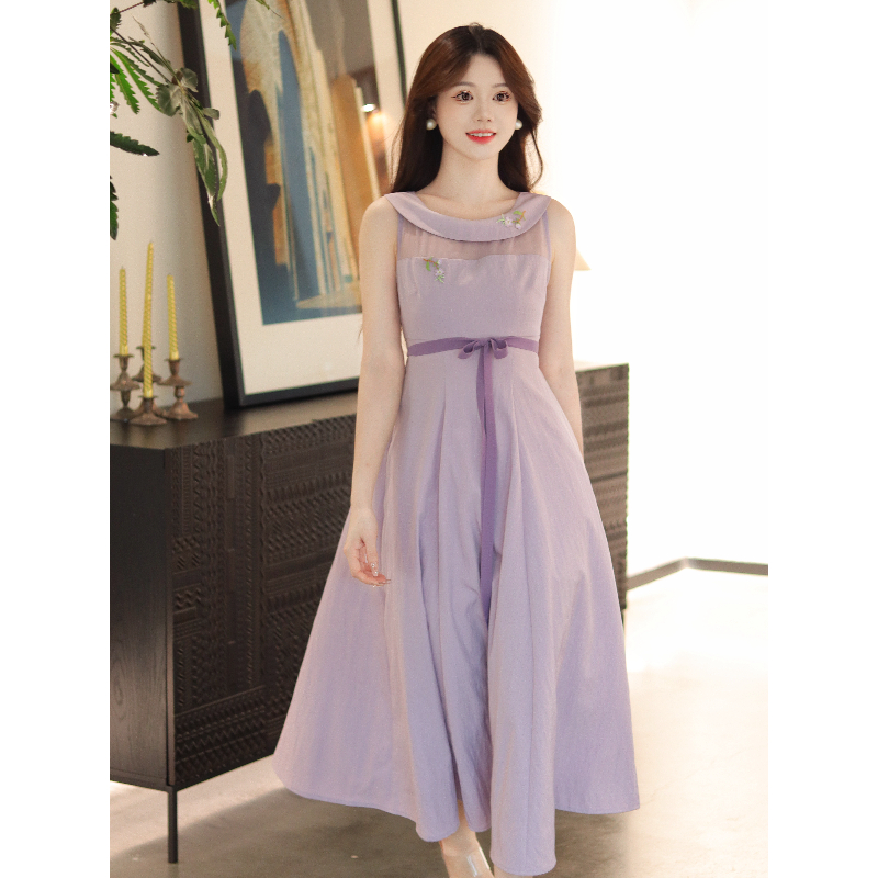 瑶西【紫芙】紫色刺绣碎花长裙无袖收腰海边度假汉服新中式连衣裙