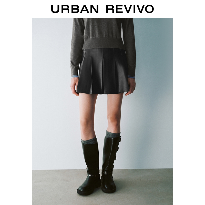【HOT】UR2025秋季新款女装摩登都市PU短款百褶半裙UYU550074